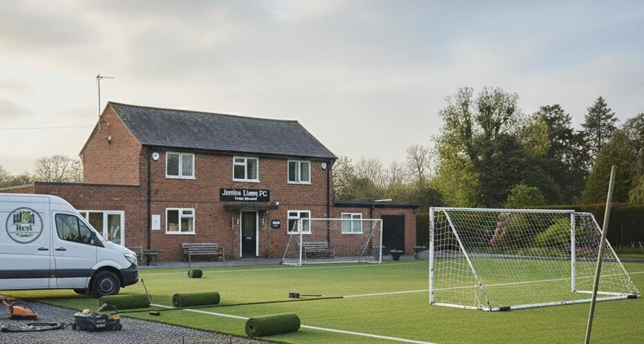 Artificial grass for a commercial forecourt in Surrey with a clean layout