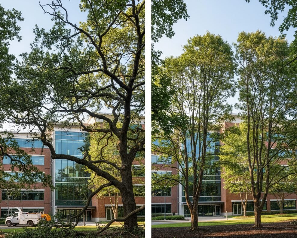 Commercial tree surgery with rigging and traffic-safe setup in Surrey