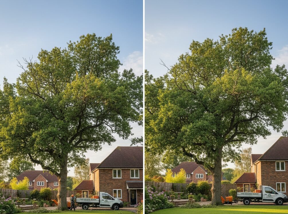Residential tree surgery in Surrey with tidy garden setup and safe work zone