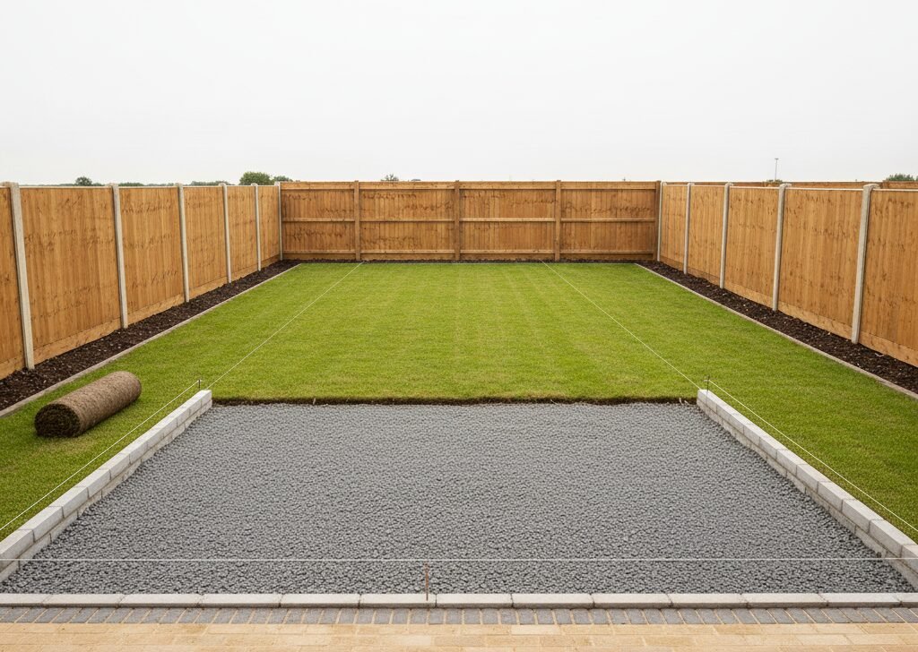 Garden after neat groundworks ready for paving