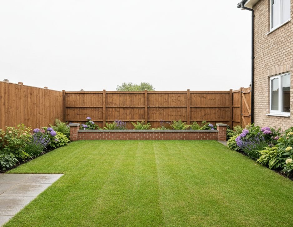 Garden after with neat brick wall and tidy edges