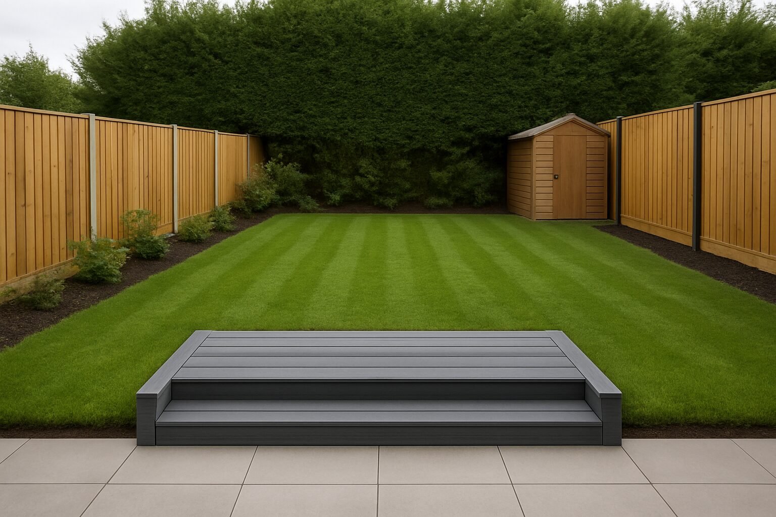 Garden after maintenance with fresh stripes and neat hedge