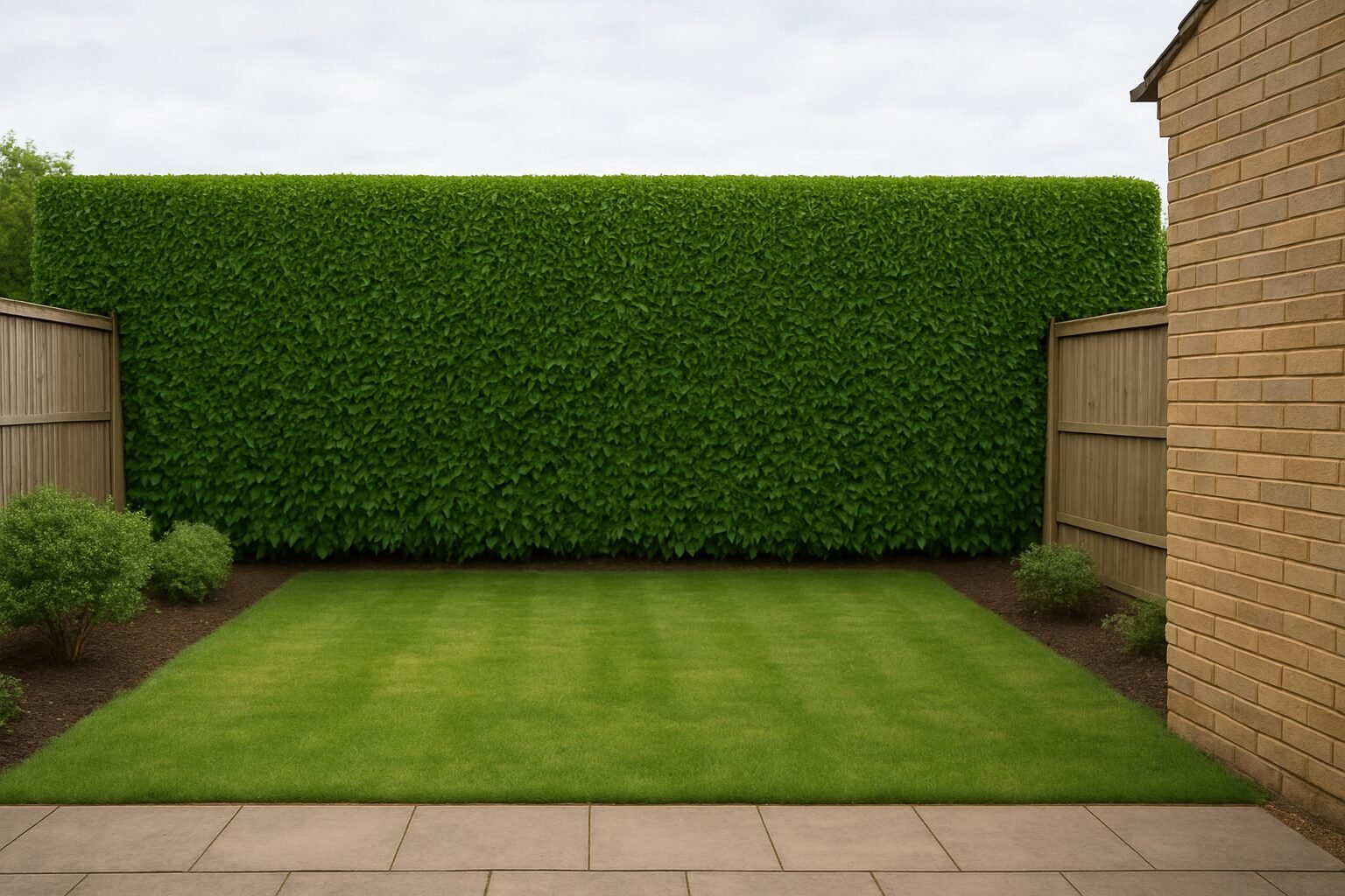 Garden after hedge cutting with neat straight lines