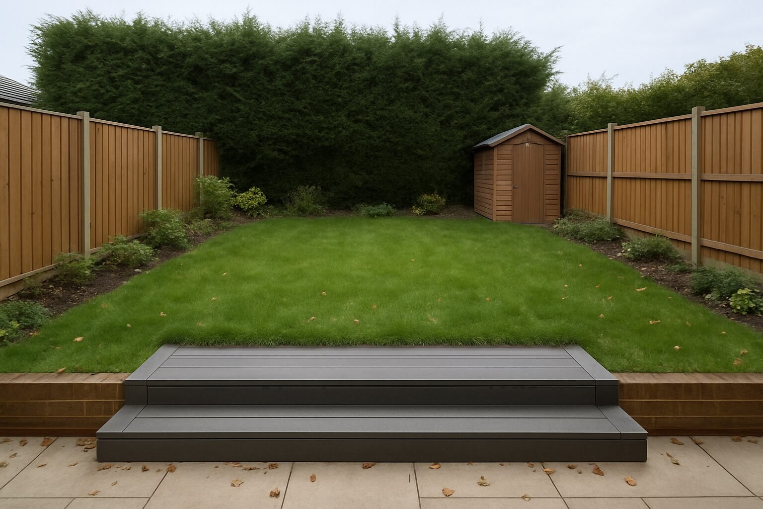 Garden before maintenance with long grass and untidy hedge