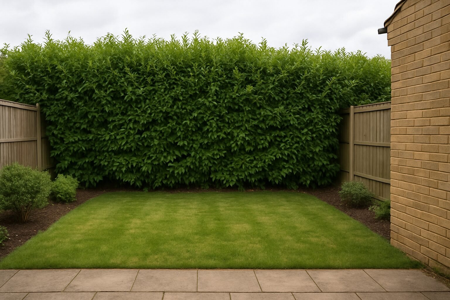 Garden before hedge cutting with tall uneven hedge