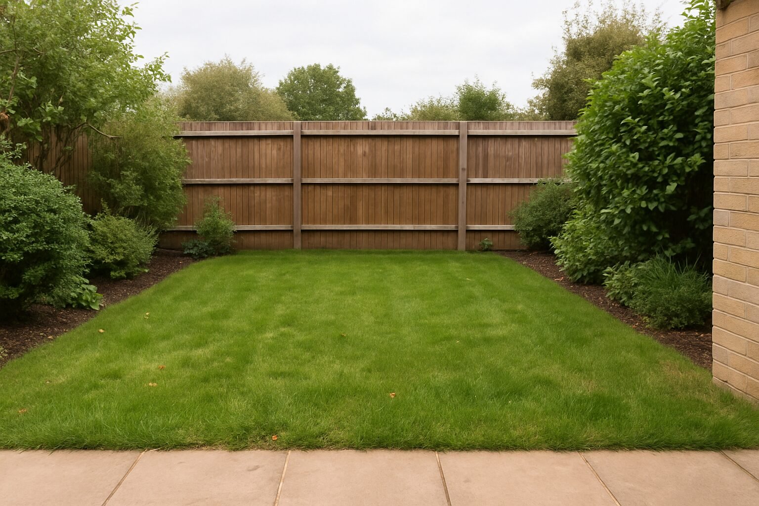 Garden before lawn mowing with longer grass and soft edges