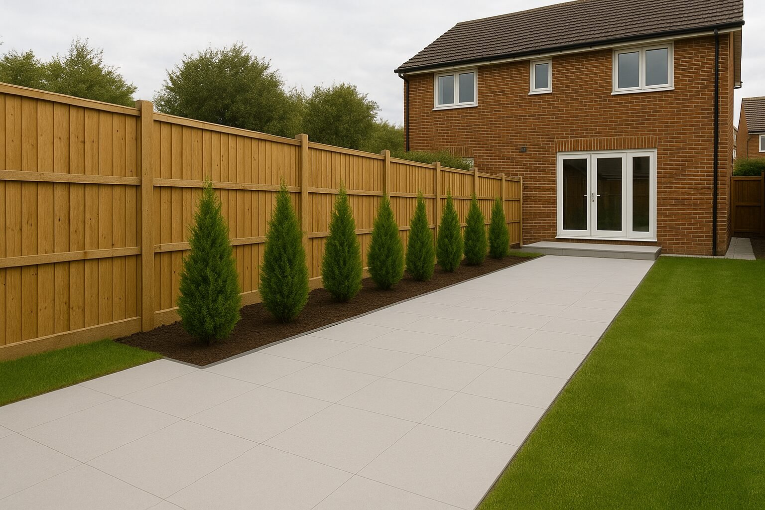 Front area after new driveway and patio with clean lines