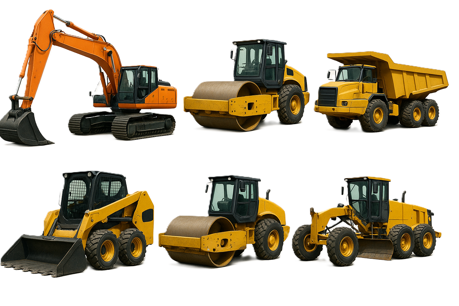 Compact diggers dumpers and rollers on transparent background